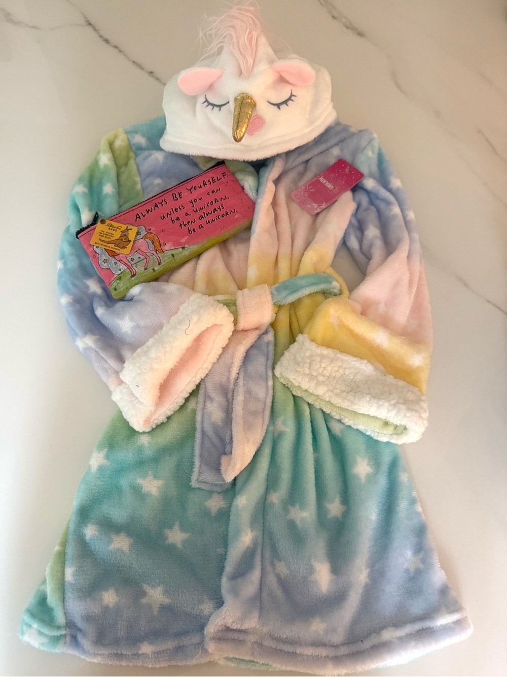 Pastel Unicorn Kids Robe and Blue Q Always Be Yourself Unicorn Pencil Case